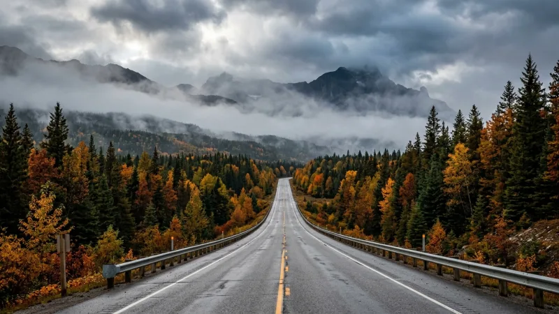 Respect Canadian Distances 18 Endless highway winding through vast Canadian pine forest under overcast autumn sky.