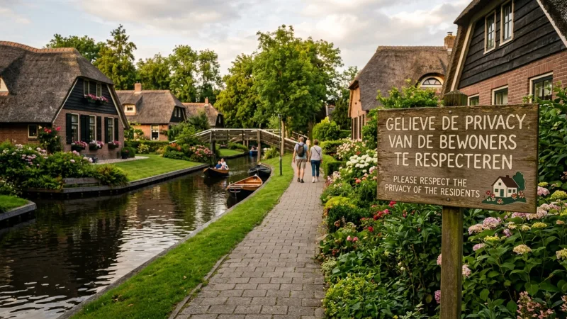 Respect the Living Village 1 A public pathway in Giethoorn running alongside a canal, showing respectful distance from private thatched-roof homes.