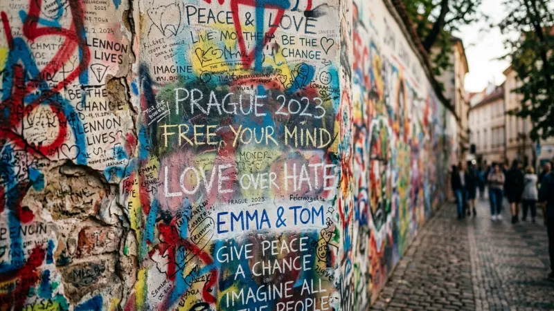 Respect the New Rules of the Wall 1 Close-up of colorful graffiti and chalk messages on the John Lennon Wall in Prague.
