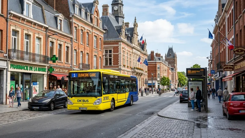 Ride the DK Bus for Free 15 A colorful modern public bus driving through a street in Dunkirk, France.