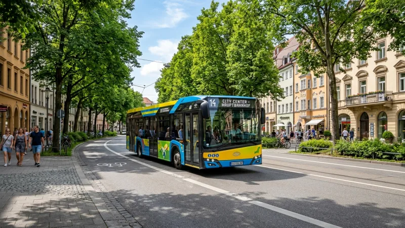 Ride the Free DK'Bus Network 3 A modern public bus driving along a tree-lined street in France.