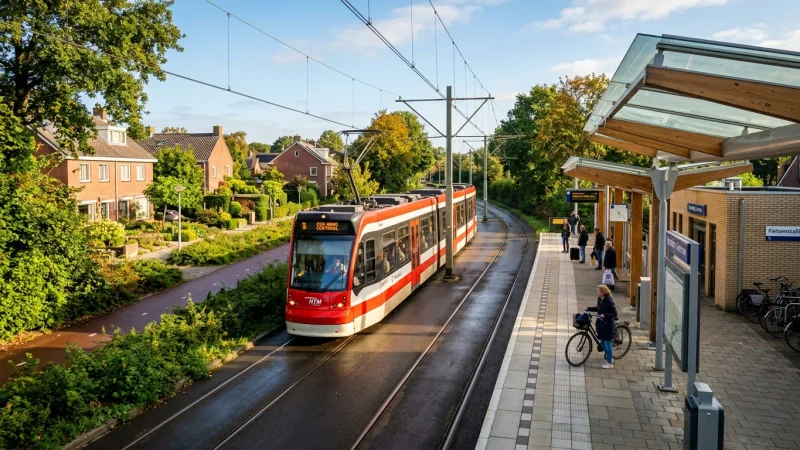 Ride Tram 15 to Beat the Parking Fees 3 A modern Dutch tram stopping at a green, sunny transit station near The Hague.
