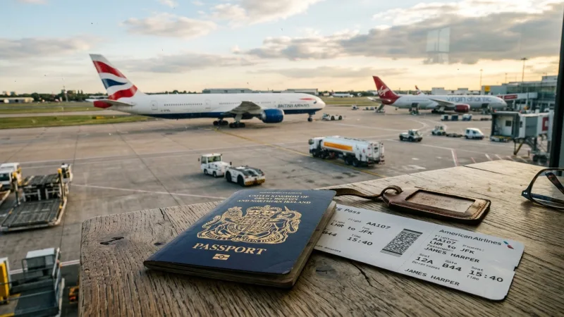 Secure Official eTA 19 Passport and boarding pass on a table with an airport terminal background.