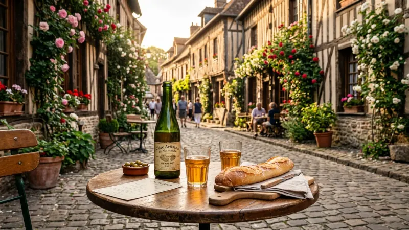 Secure Your Lunch Reservations Weeks Ahead 3 An outdoor table set with French cider and bread against a backdrop of historic half-timbered buildings.
