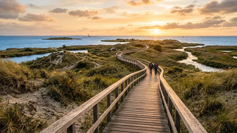 Set Sail for the Marker Wadden Sanctuary 7 Wooden boardwalk path through coastal dunes on Marker Wadden island.