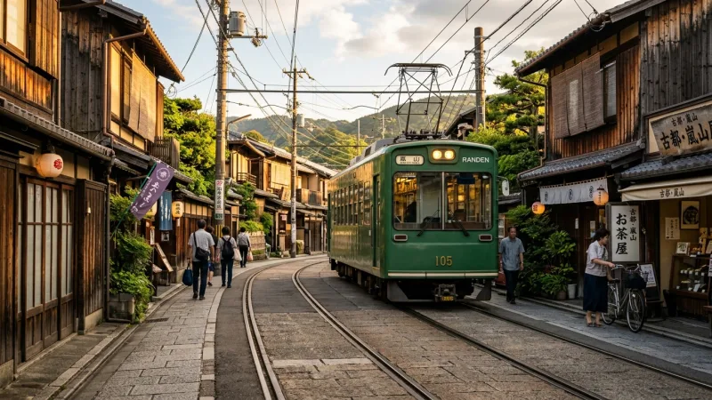 Skip Buses for Trains 3 A vintage green tram traveling along a scenic street in Kyoto lined with traditional houses.