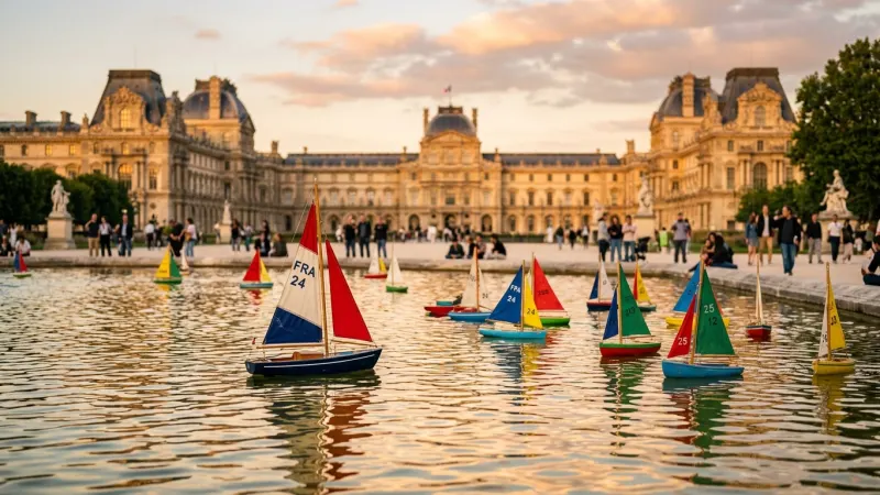 Sponsor a Miniature Sailboat at the Grand Bassin 3 Small wooden toy sailboats with colorful sails floating on a garden pond.
