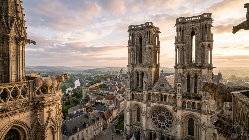 Detailed view of carved stone ox statues on the high gothic tower of Laon Cathedral.