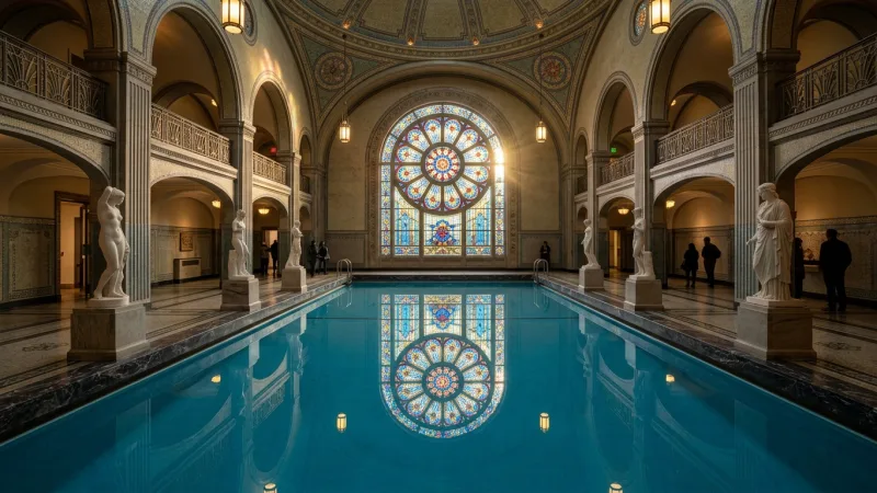 Take the Tramway to Art Deco Masterpieces 6 The grand interior of La Piscine art museum in Roubaix near Lille, showing statues surrounding a reflective pool.