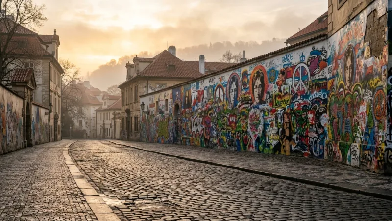 Time Your Visit and Explore Kampa Island 4 An empty street in front of the colorful John Lennon Wall in Prague during a quiet sunrise.