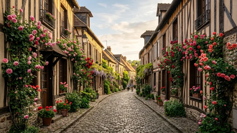 Time Your Visit for the Rose Bloom 6 A narrow cobblestone street lined with historic half-timbered houses covered in blooming pink and red roses in Gerberoy.