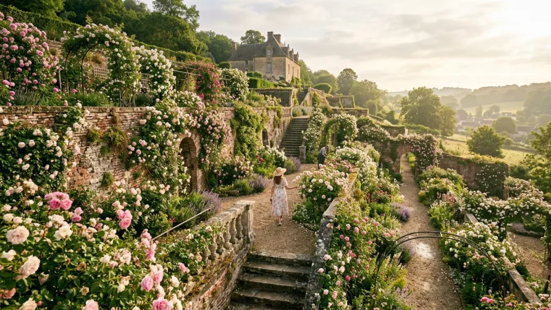Time Your Visit for the Rose Symphony 4 A beautiful terraced garden filled with blooming pink and white roses climbing up historic brick walls under soft morning light.