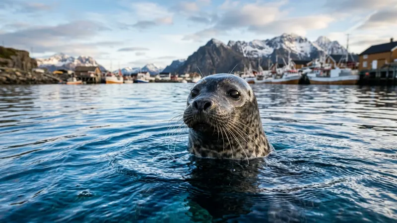Time Your Visit for the Seal Feeding 4 A harbor seal looking up from clear water with a soft-focus background.