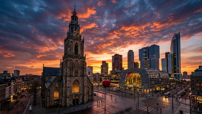 Time Your Visit for the Tower Climb 4 The medieval stone tower of the Great St. Lawrence Church in Rotterdam standing tall against a background of modern skyscrapers.