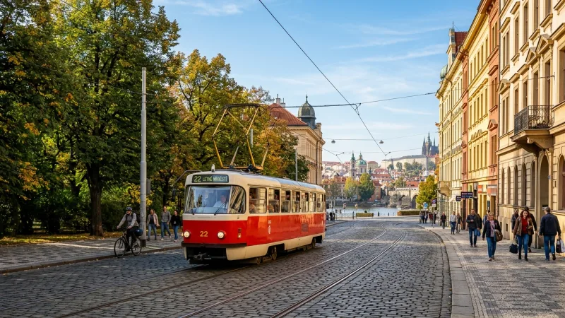 Tram Routes to Avoid Steep Stairs 1 A red and white Prague tram running past green trees near Letna Park.