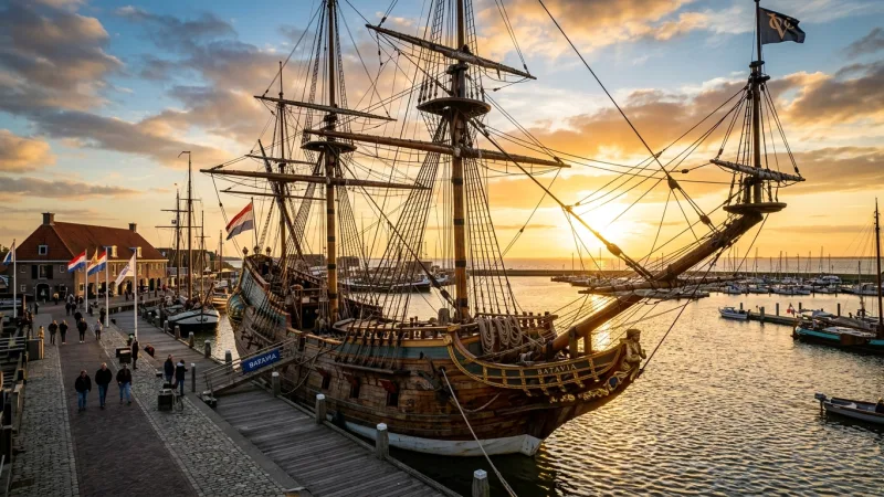 Uncover Maritime History at Bataviawerf 4 Historic wooden tall ship replica docked at a harbor in Lelystad.