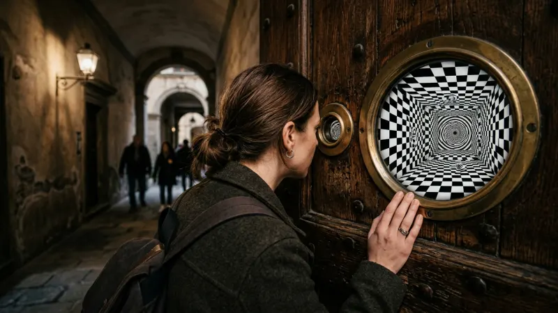 Unlock the Ames Room Illusion Secret 3 A close-up of a visitor looking through a viewing peephole into an optical illusion room.