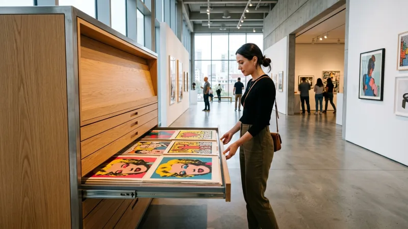 Unlock the Cabinet of Graphic Arts 1 A visitor opening a museum storage drawer displaying graphic art prints.