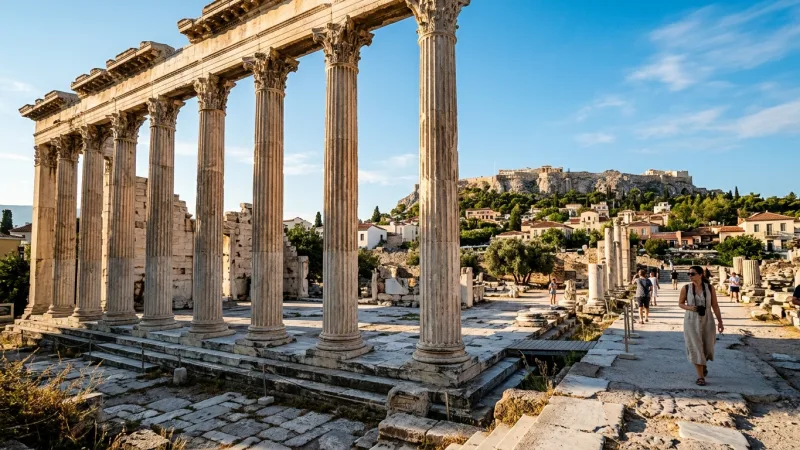 Unlock the Multi-Site Combo Ticket 1 The ancient Corinthian columns of Hadrian's Library in Athens under a clear blue sky.
