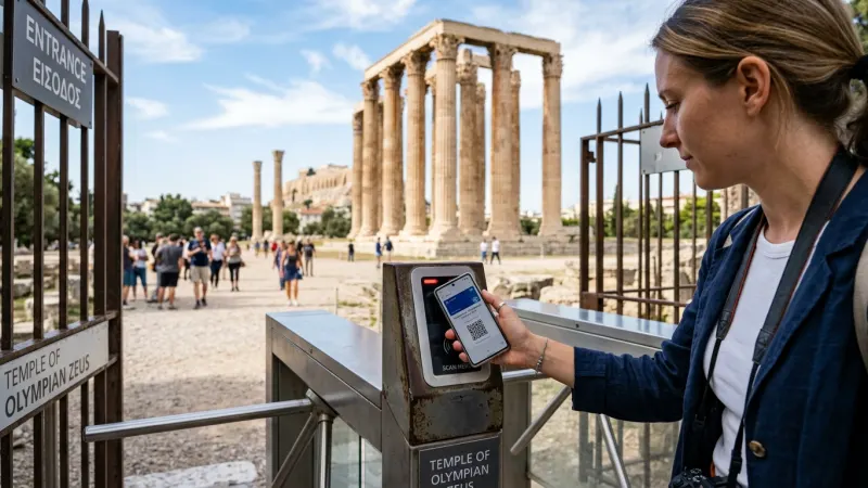 Use the Side Gate Shortcut 1 A traveler scanning a smartphone ticket at the entrance of an ancient Greek archaeological site.