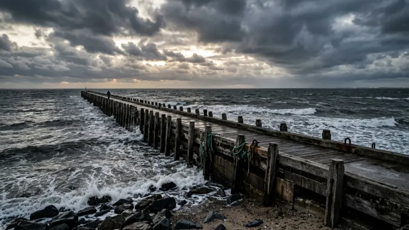 Walk the East Mole Path 3 A long historic wooden jetty stretching out into a calm but moody sea under an overcast sky.