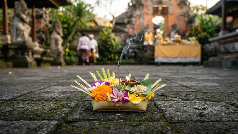 Watch Your Step for Canang Sari and Respect Adat 1 A close-up of a small Balinese palm-leaf basket offering filled with colorful flowers and a smoking incense stick on the ground.