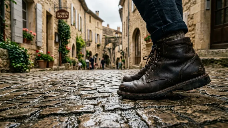 Wear Cobblestone-Ready Footwear 1 Close-up of a person wearing durable walking shoes walking on historic, uneven cobblestones in a rustic French village.