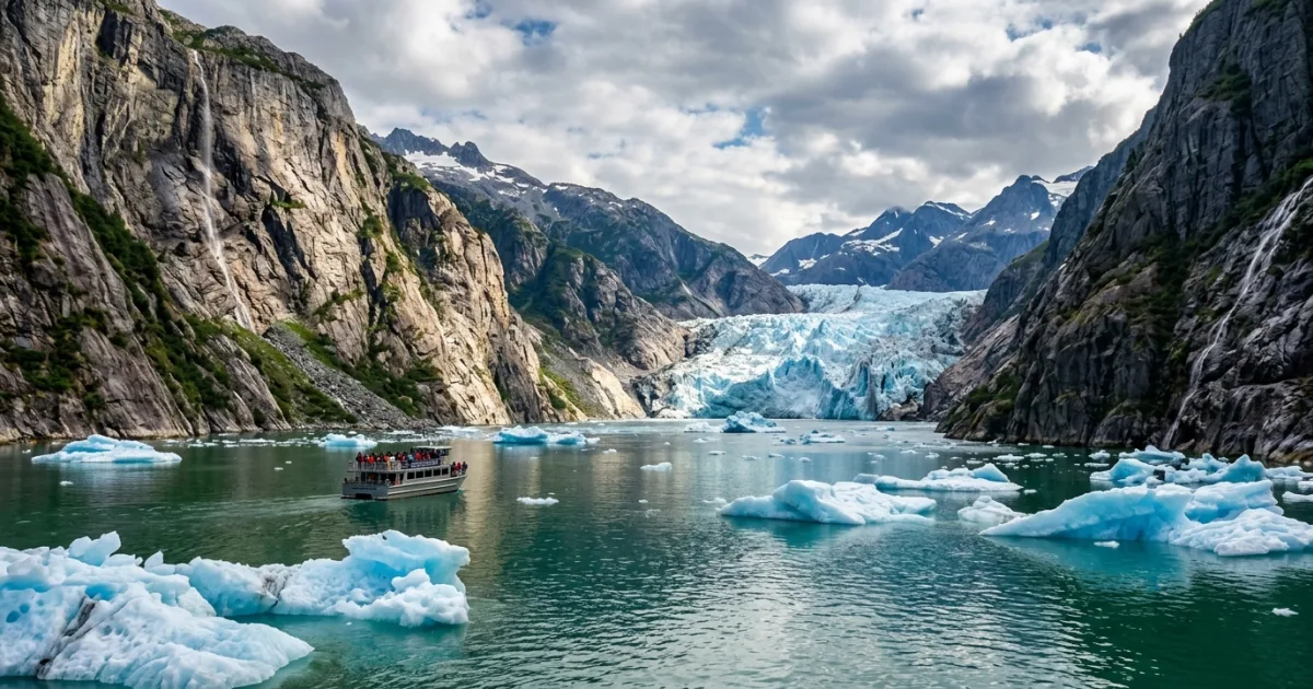 Wide view of Tracy Arm Fjord with blue icebergs and Sawyer Glacier
