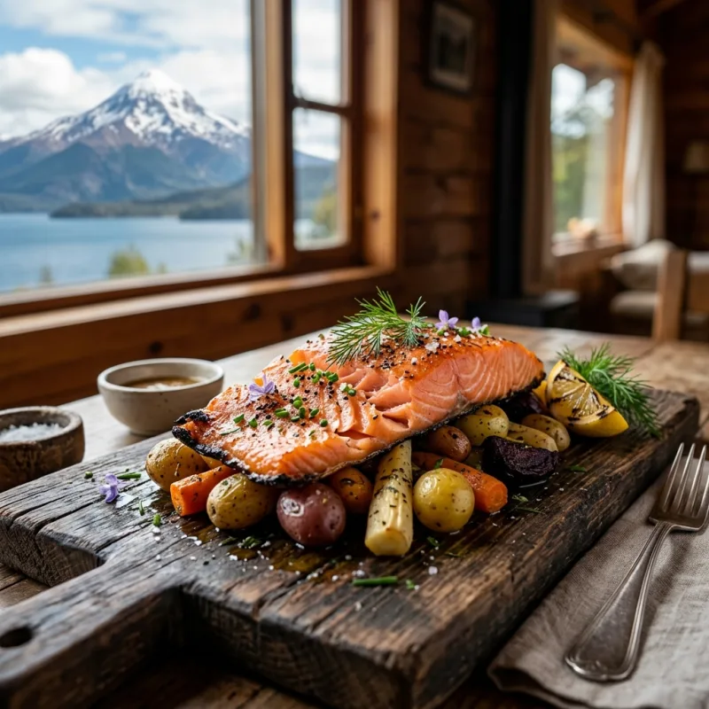 A rustic plate of Patagonian smoked trout with fresh herbs and lemon
