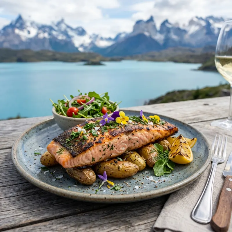 Grilled Patagonian Trout served with roasted potatoes and salad