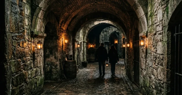Underground Edinburgh 11 Dimly lit historic underground stone vault in Edinburgh