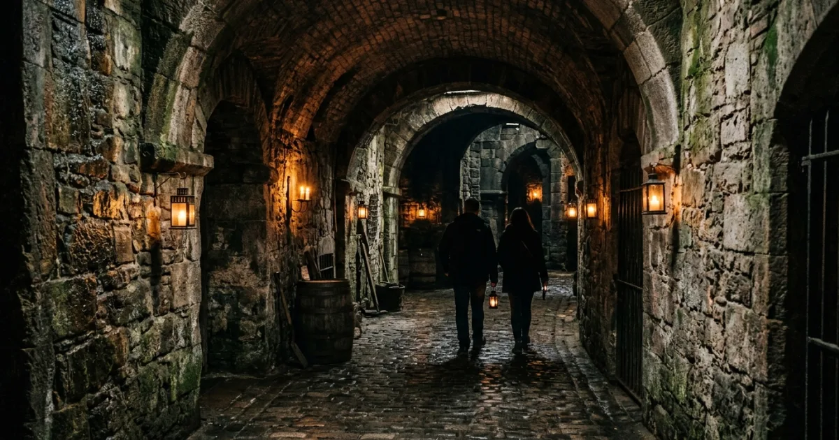 Dimly lit historic underground stone vault in Edinburgh