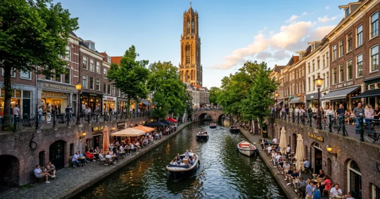 Utrecht 1 Scenic view of the Oudegracht canal and Dom Tower in Utrecht during golden hour