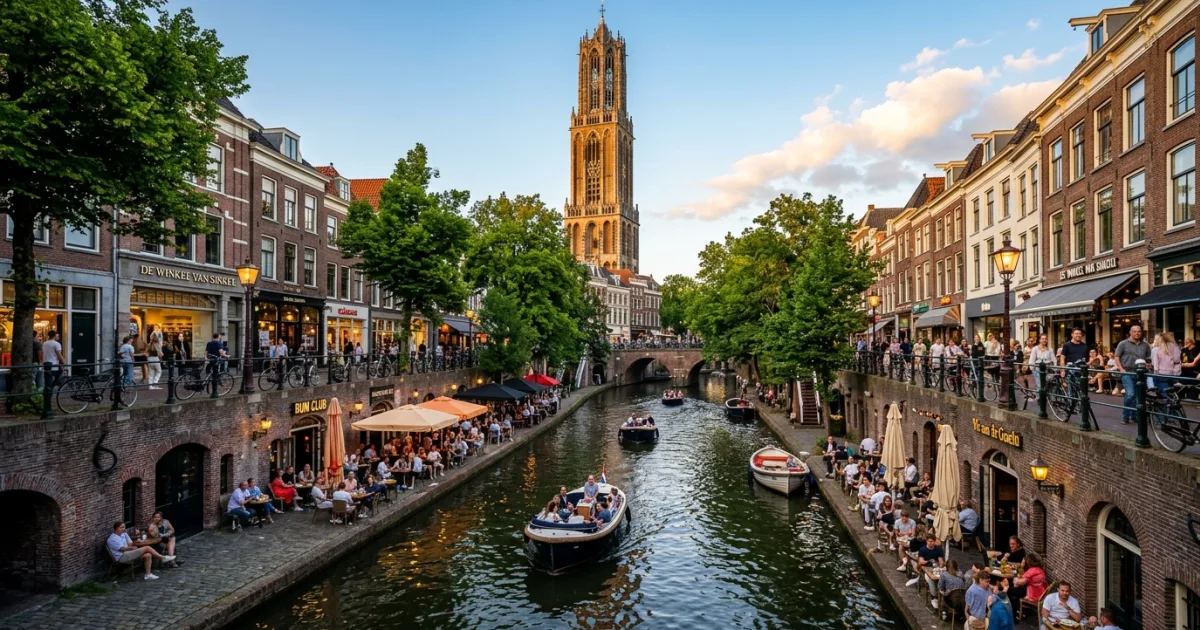 Utrecht 5 Scenic view of the Oudegracht canal and Dom Tower in Utrecht during golden hour