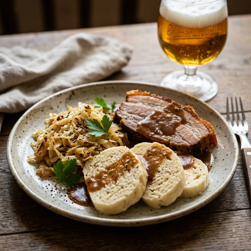 Traditional Czech Vepřo knedlo zelo with roast pork, dumplings, and cabbage