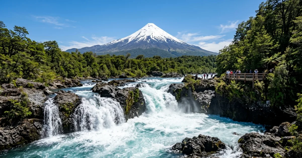 Petrohué Waterfalls and Osorno Volcano in Vicente Perez Rosales National Park
