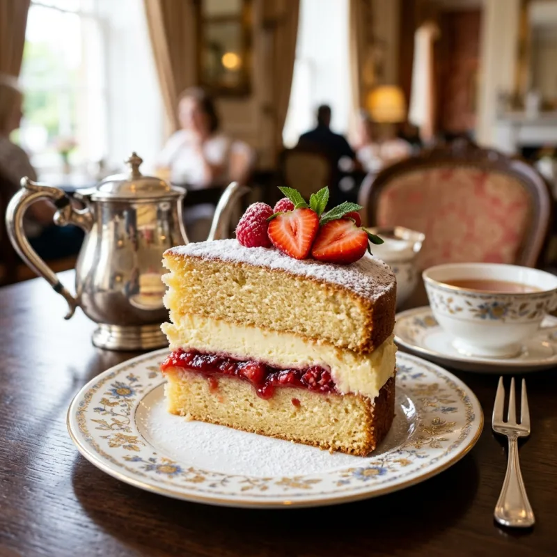 Slice of Victoria Sponge Cake with jam and cream