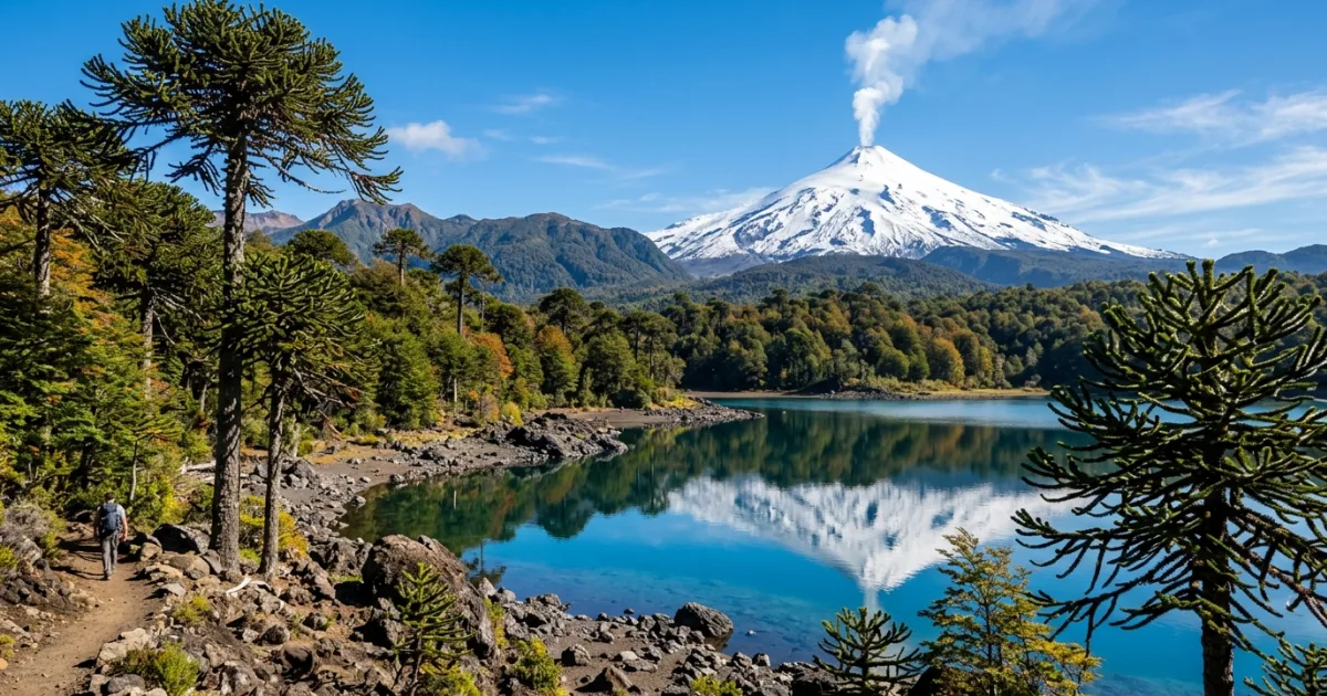 Snow-capped Villarrica Volcano towering over ancient Araucaria forests in Chile.