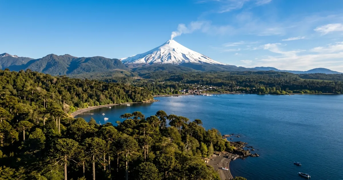 Snow-capped Villarrica Volcano towering over a blue lake and green forests