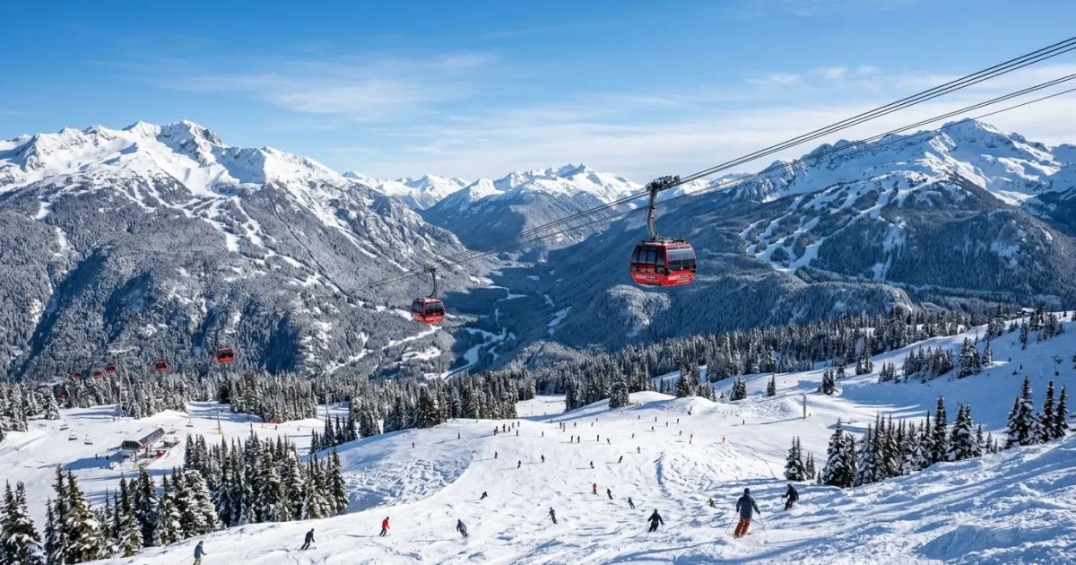 Panoramic view of Whistler Blackcomb with the Peak 2 Peak Gondola and skiers
