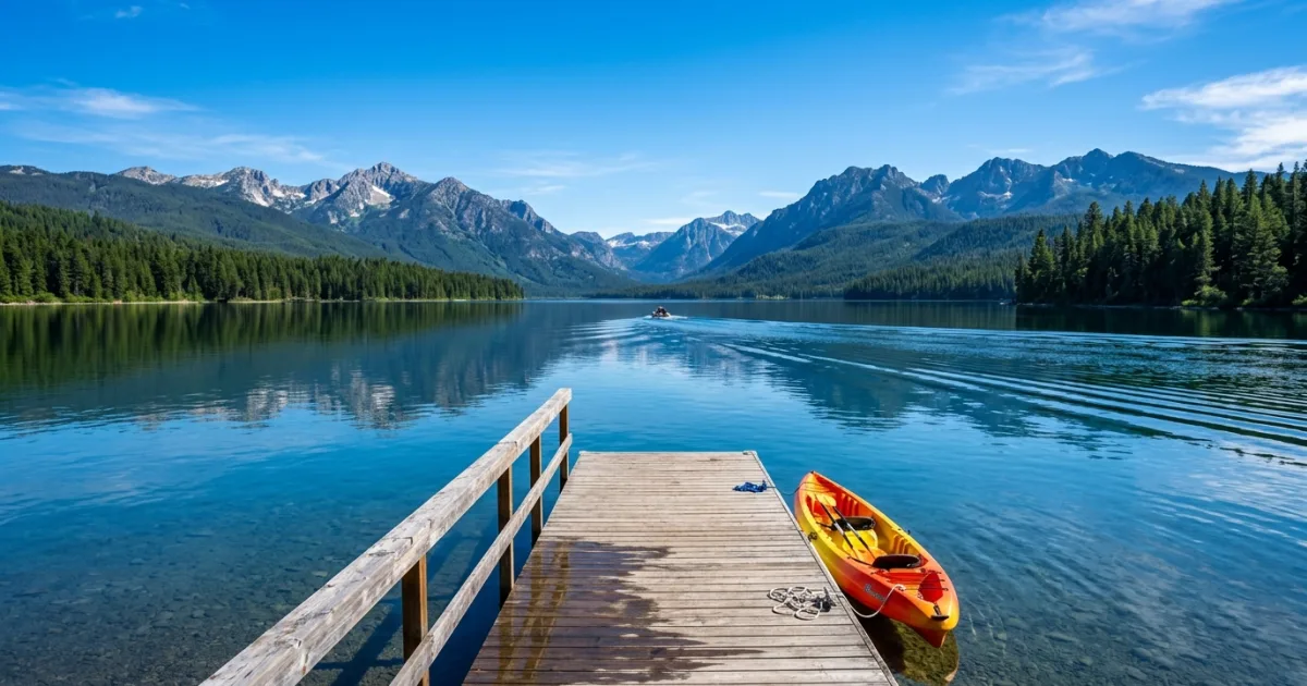 Wide angle view of Whitefish Lake and the Whitefish Range mountains