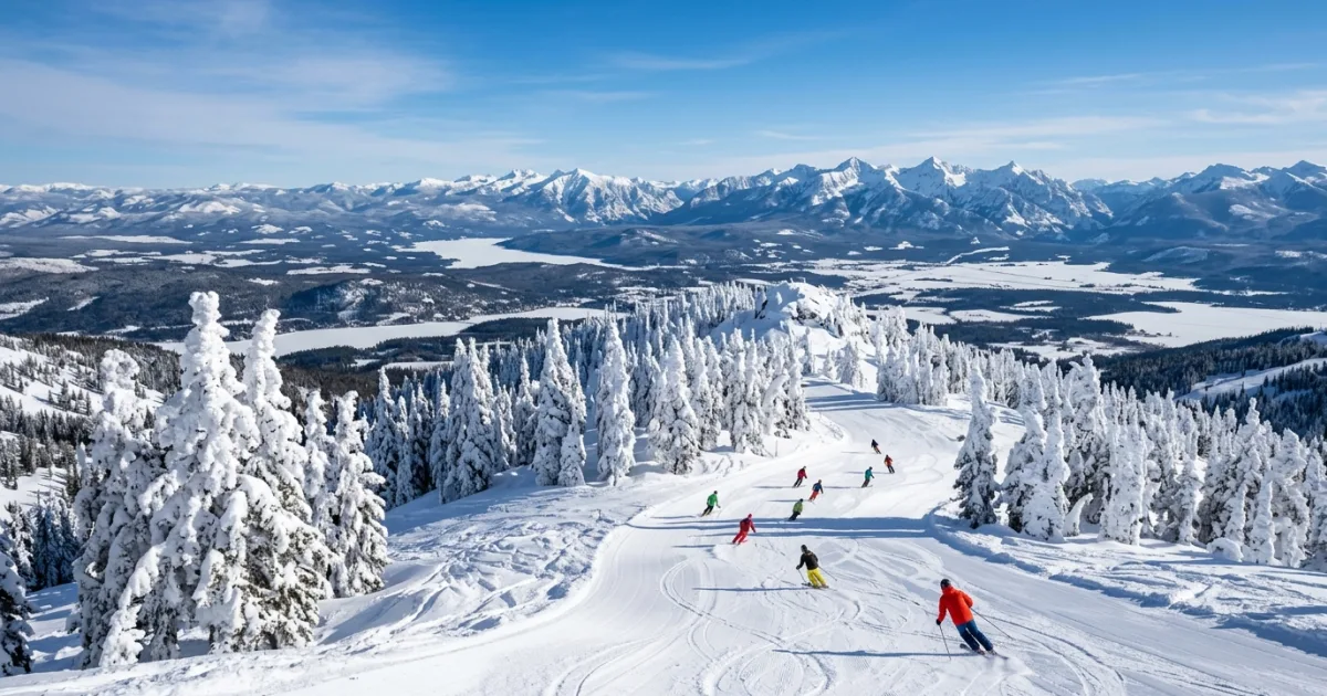 Skiers enjoying the slopes at Whitefish Mountain Resort with Glacier National Park in the background
