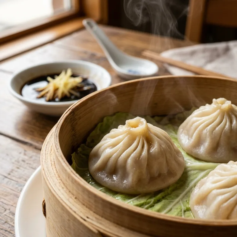 Steaming bamboo basket of Xiaolongbao soup dumplings