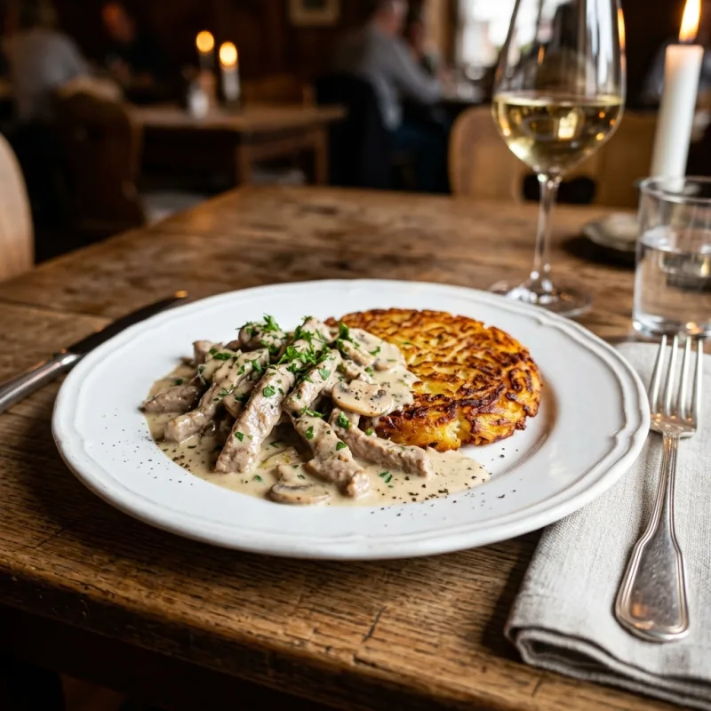 A plate of Zürcher Geschnetzeltes with crispy Rösti