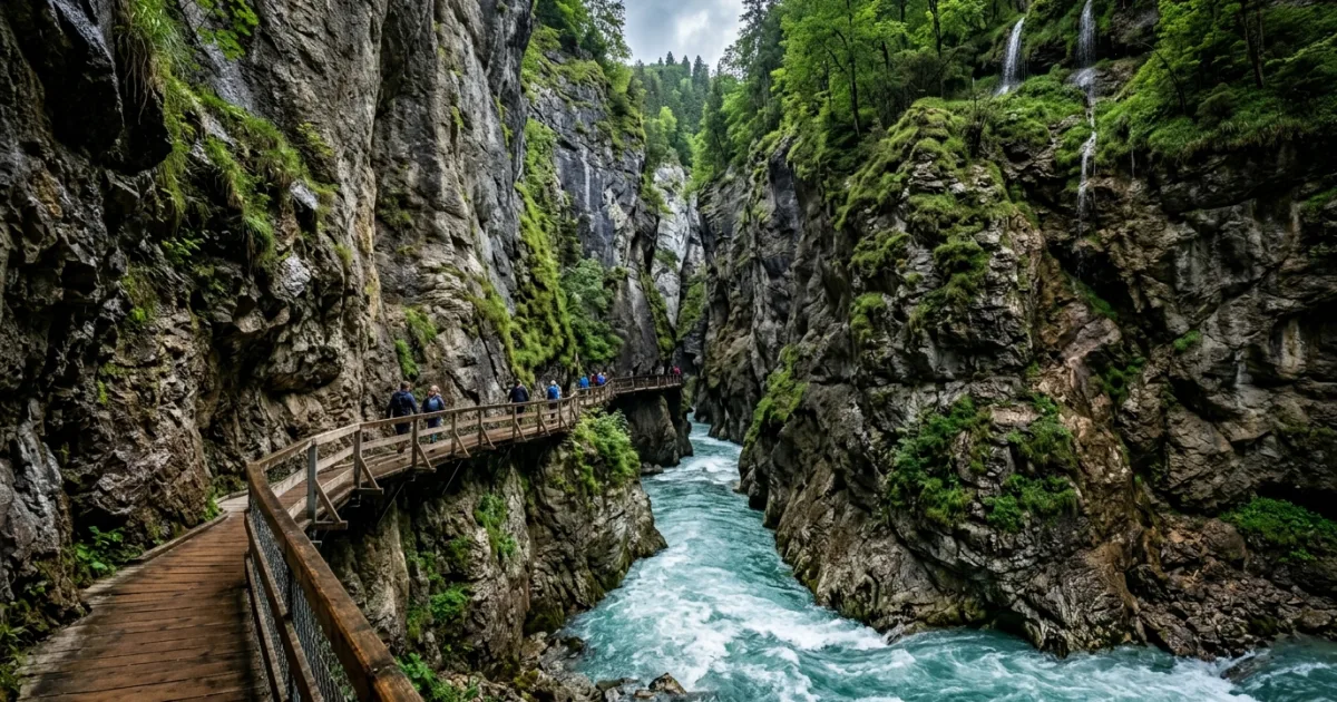 Wooden walkway clinging to the limestone cliffs of the Aare Gorge above a turquoise river