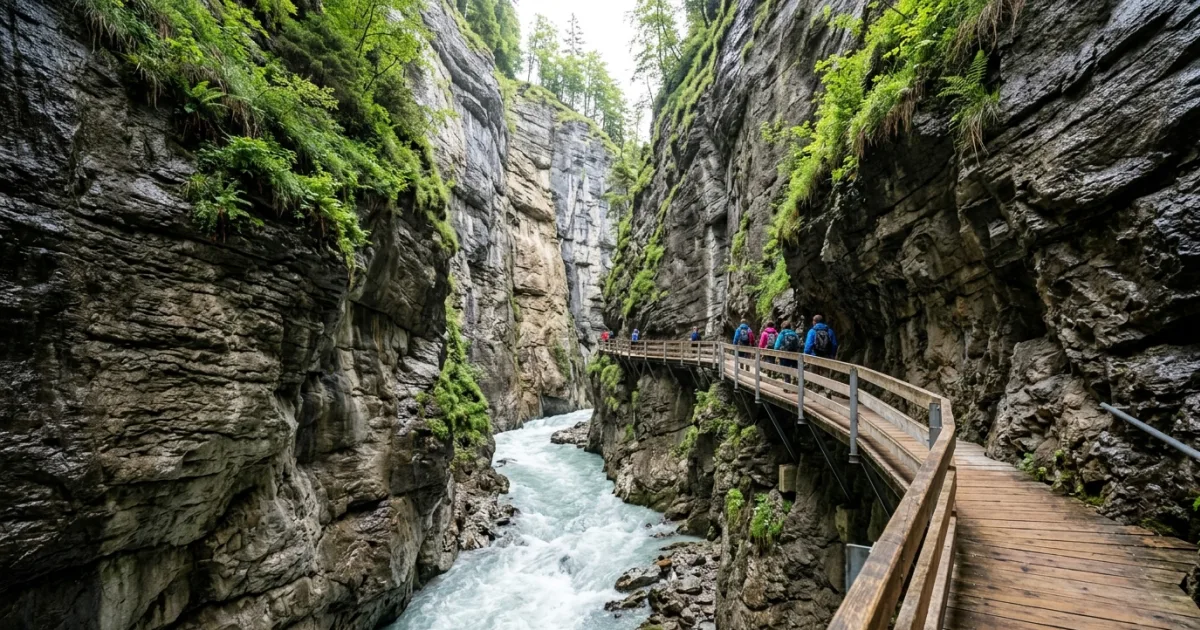 Wooden walkway through the towering limestone cliffs of the Aareschlucht gorge