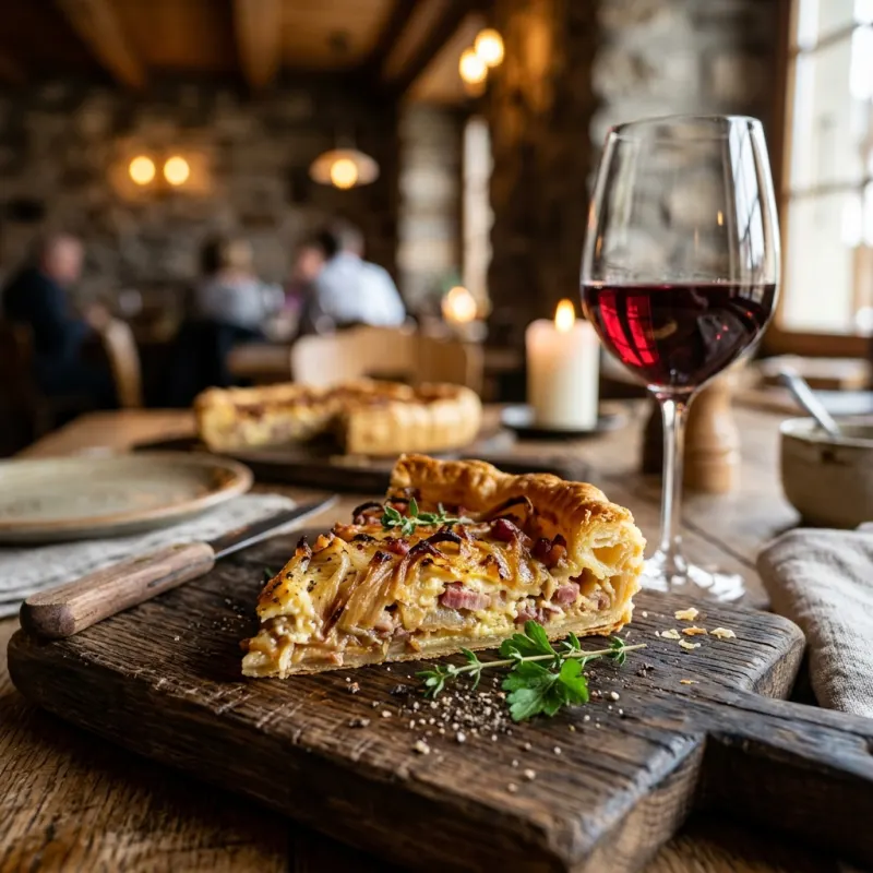 A slice of traditional Swiss onion tart known as Bölletünne