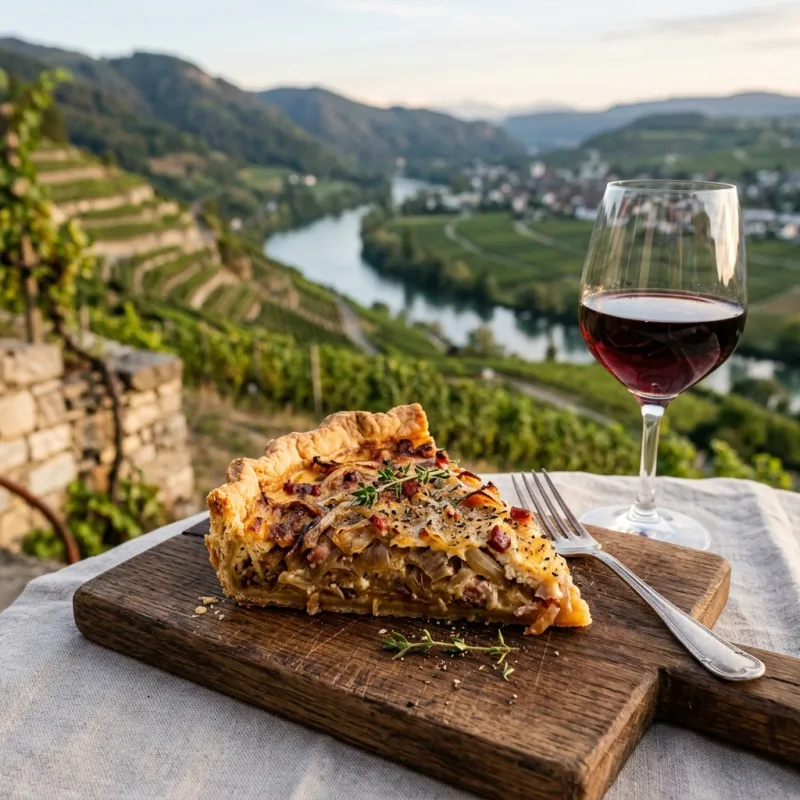 A slice of traditional Swiss Bölletünne onion tart with a glass of wine