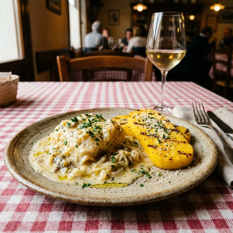 A plate of Baccalà alla Vicentina with polenta