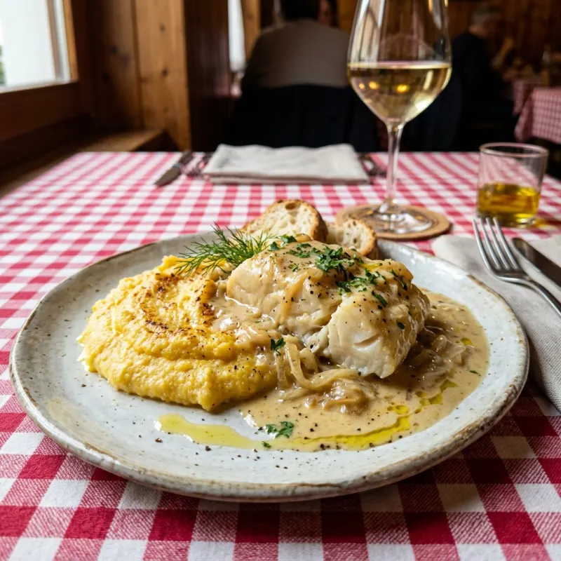 A plate of traditional Baccalà alla Vicentina with polenta